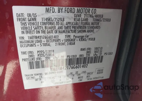 2006 Mercury Montego Premier from USA, damaged, VIN 1MEFM42176G601402